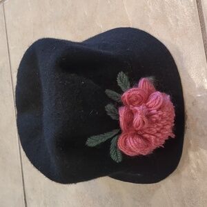 AUGUST Black Wool Pink Flower Knit Bucket Hat